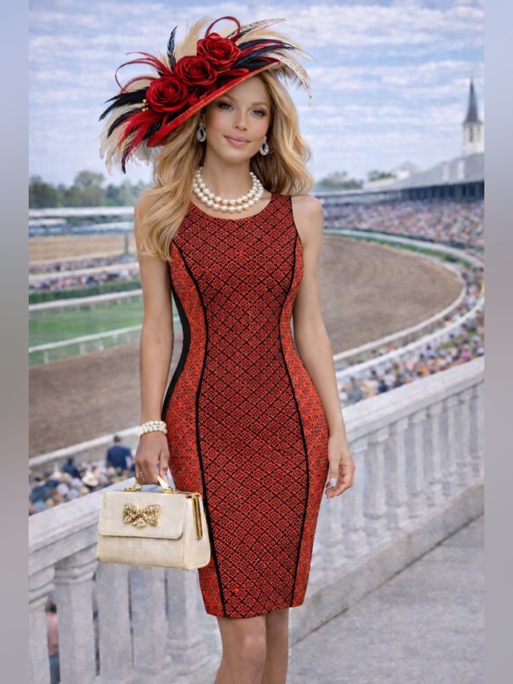 Pim + Larkin Red and Black Patterned Midi Dress